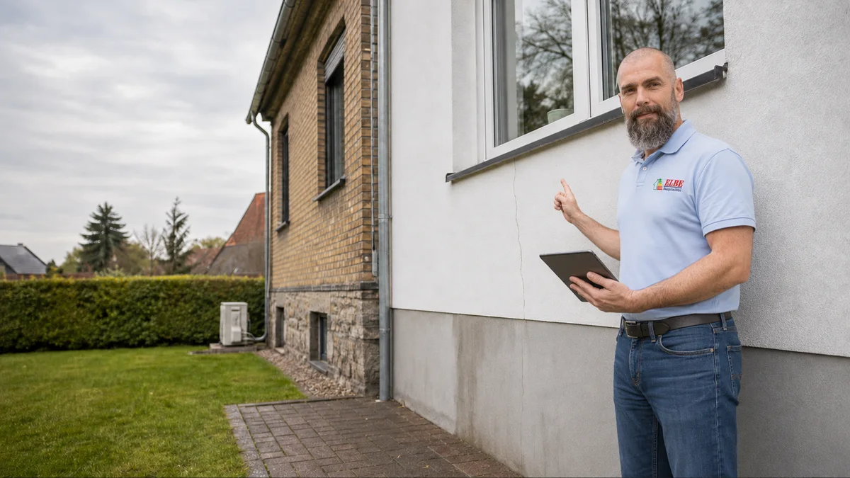 Baugutachter prüft einen Riss in einer Hausfassade